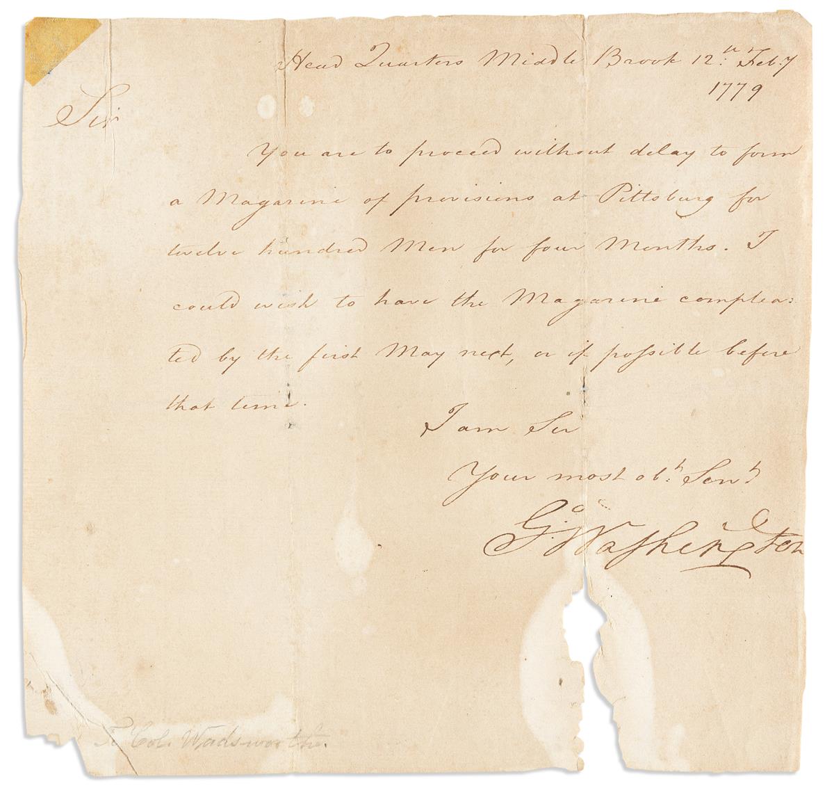 (AMERICAN REVOLUTION.) WASHINGTON, GEORGE. Letter Signed, G:Washington, to Sir [Commissary General Jeremiah Wadsworth?],